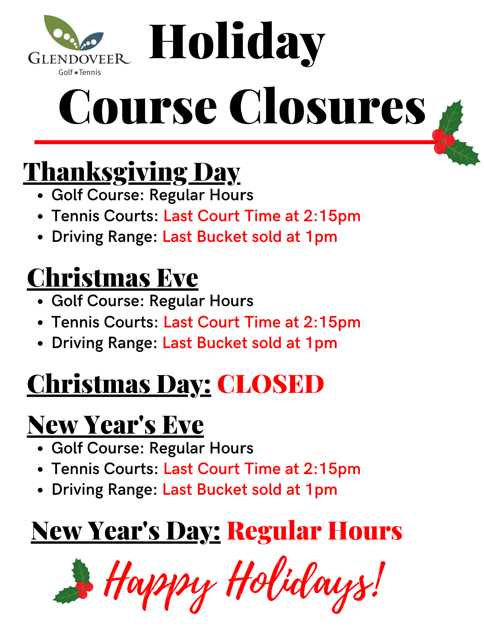 Holiday Course Closures 2022